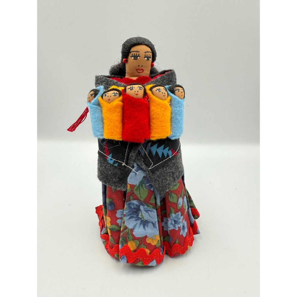 Handmade Native American Storyteller Doll Mother with 5 Babies Folk Artโ 7.5"